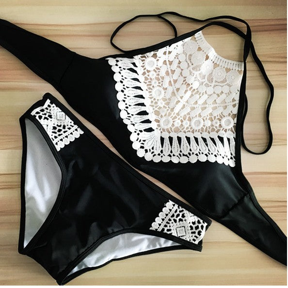 Women's High-Neck Crochet Lace Panel Bikini Set