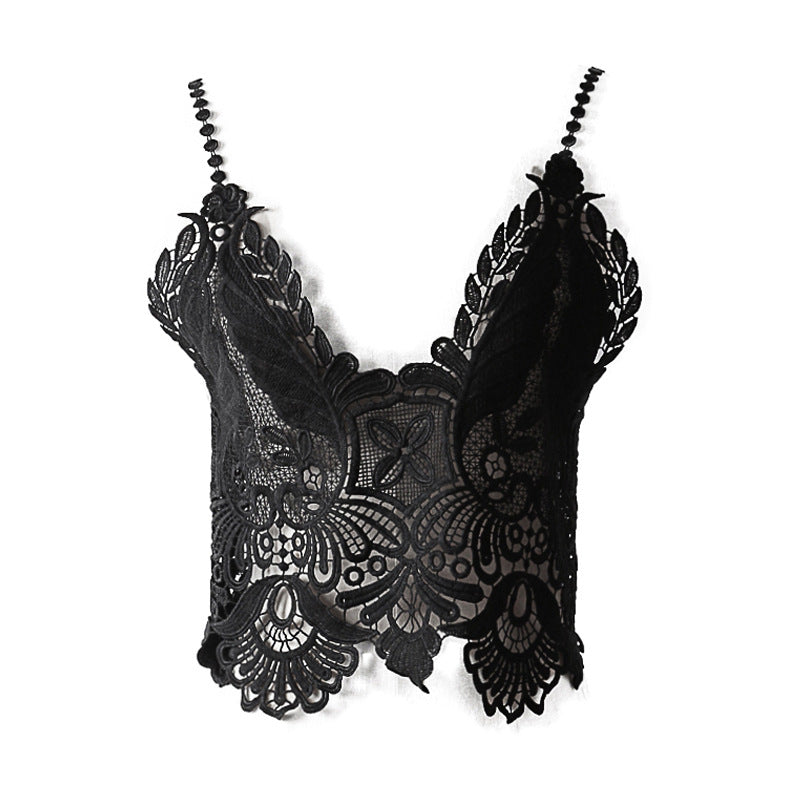 Lace Hollow V-Neck Crop Top with Spaghetti Straps