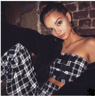 Summer Women's Plaid Crop Top and Pants Set