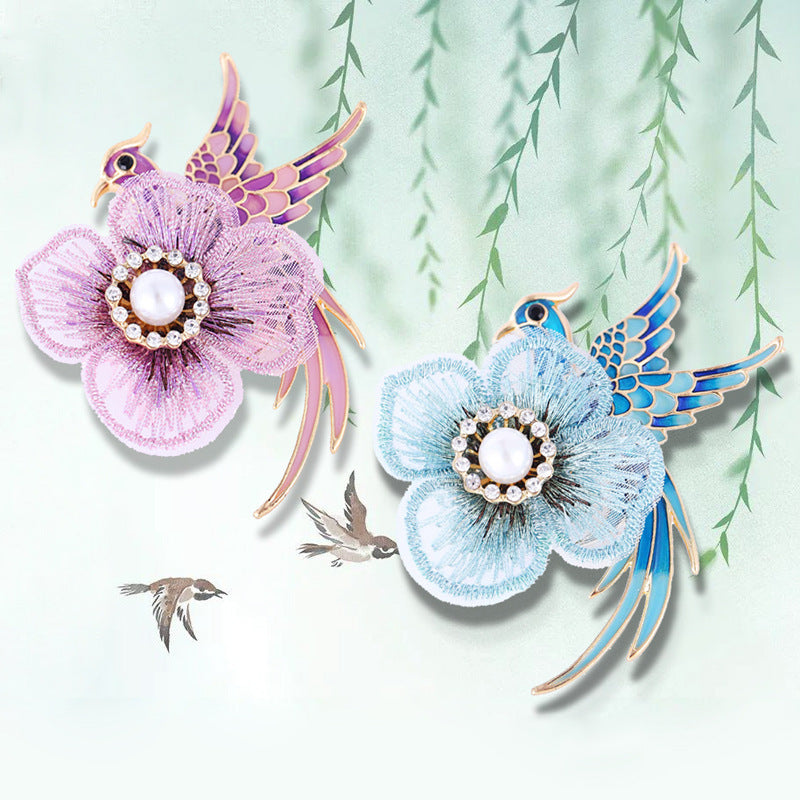 Creative Handmade Embroidered Brooch with Enamel Bird