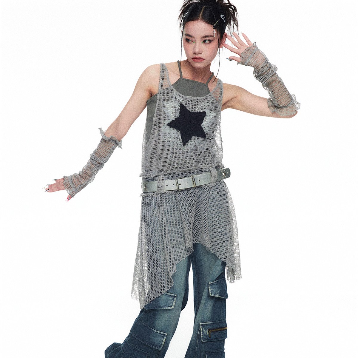 Spicy Girl Mesh Tank Top Dress with Star Sleeves