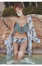 Ruffle Bikini Set with Leaf Print Cover-Up