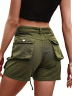 High Waist Flap Pockets Cargo Denim Shorts for Women