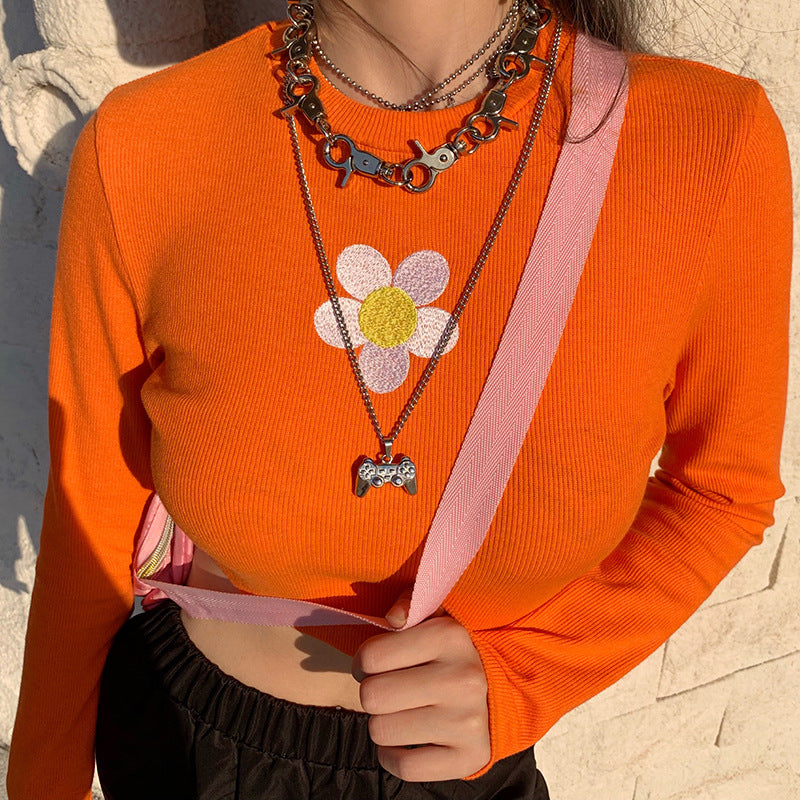 2019 Autumn Floral Print Long Sleeve Crop Top