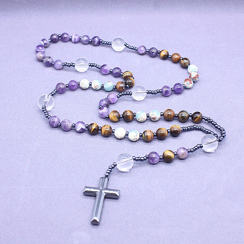 Rosary Necklace with Amethyst and Tiger Eye Stones | Christian Jewelry