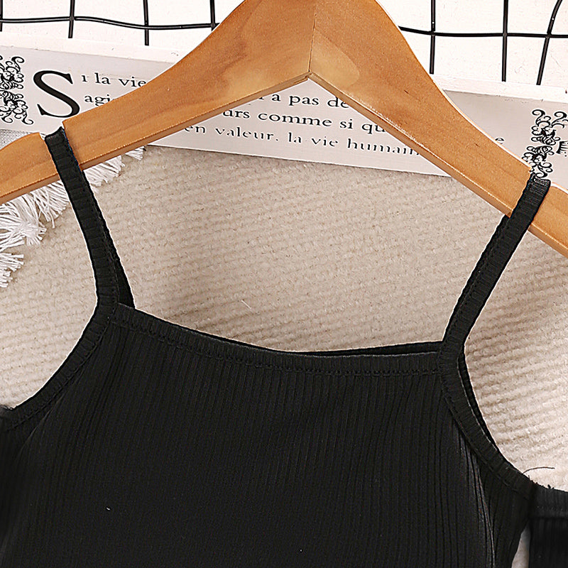 Girls' Summer Casual Off-Shoulder Set with Striped Shorts