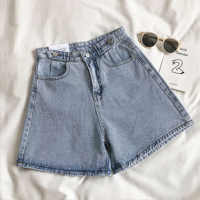 Retro Solid Color High-Waisted Denim Shorts for Women
