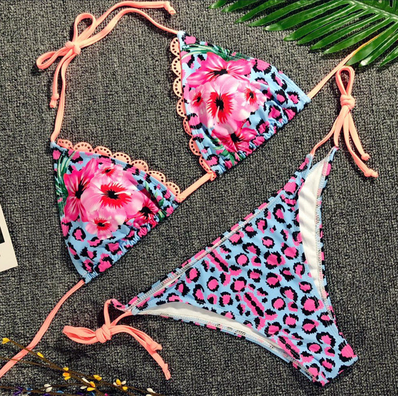 Leopard Floral Triangle String Bikini