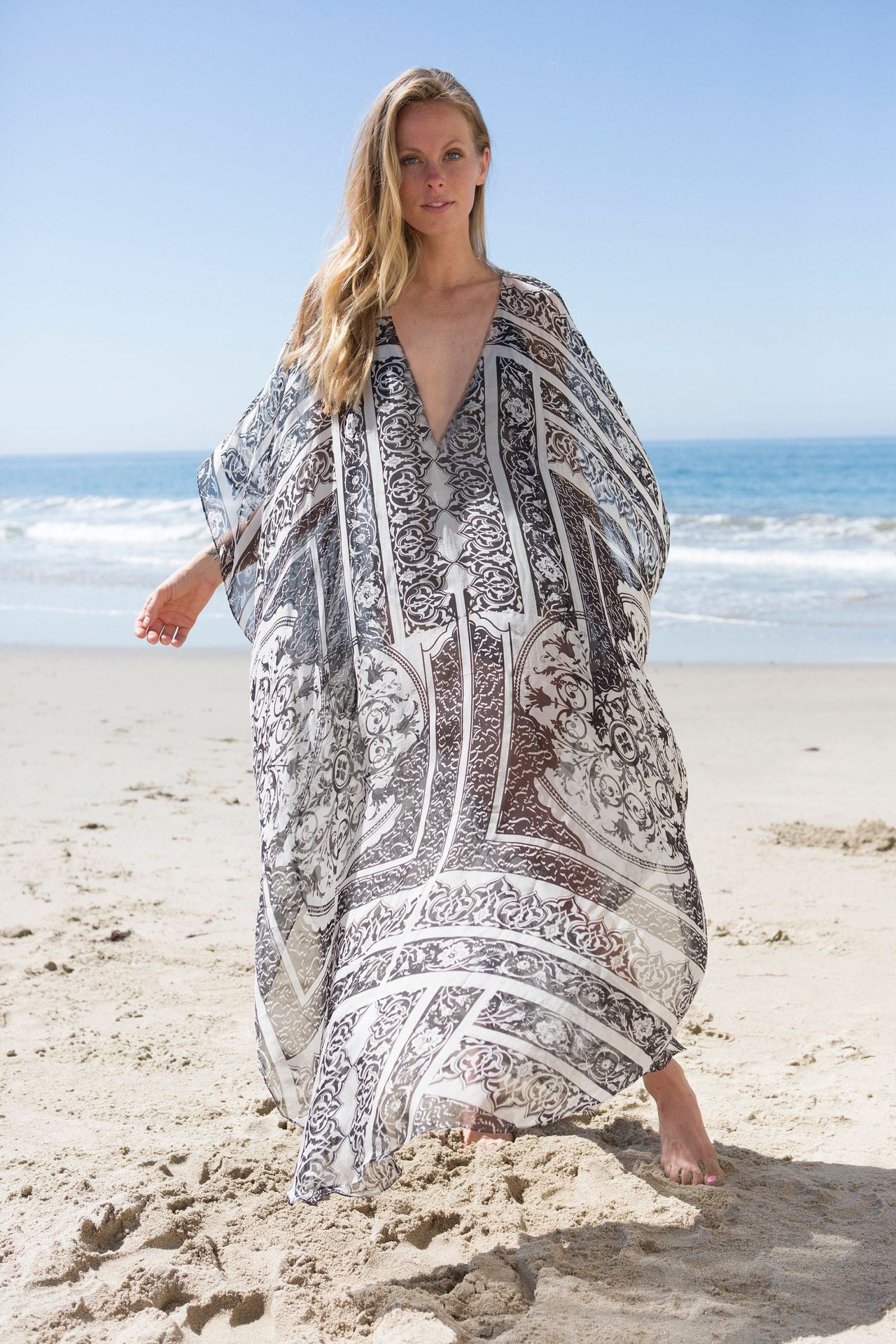 Damask Print Sheer Chiffon Kaftan Beach Cover-Up