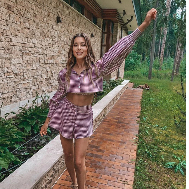 2021 Women's Checkered Crop Top and Pants Set