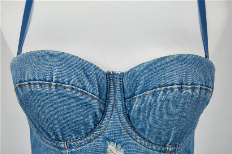 Korean Style Vintage Denim Crop Top for Women
