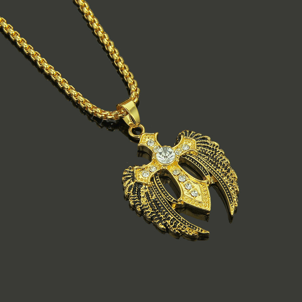 Creative Hip Hop Rhinestone Cross Wing Necklace