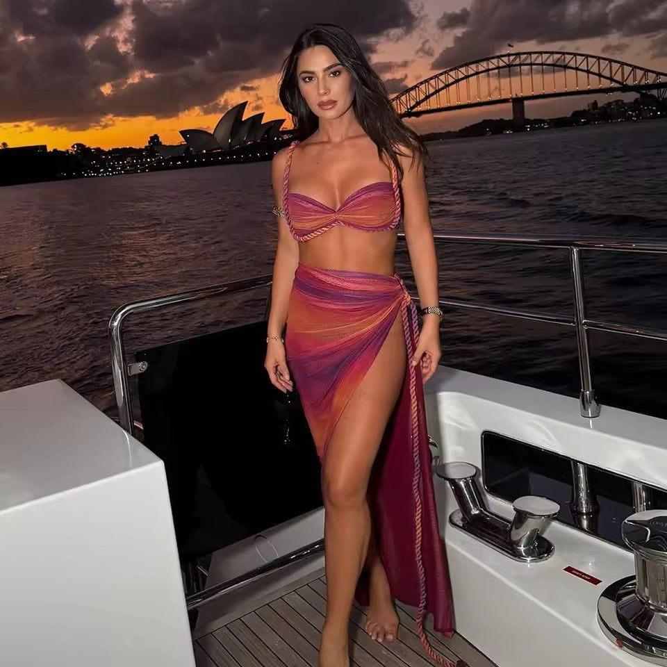 Ombre Pink Orange Bikini Set with Wrap Sarong