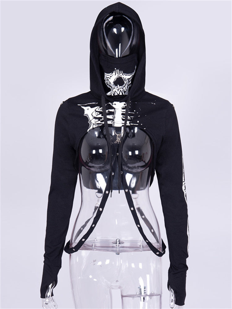 2022 Black Women's Punk Hooded Skull Crop Top Sweatshirt | Streetwear