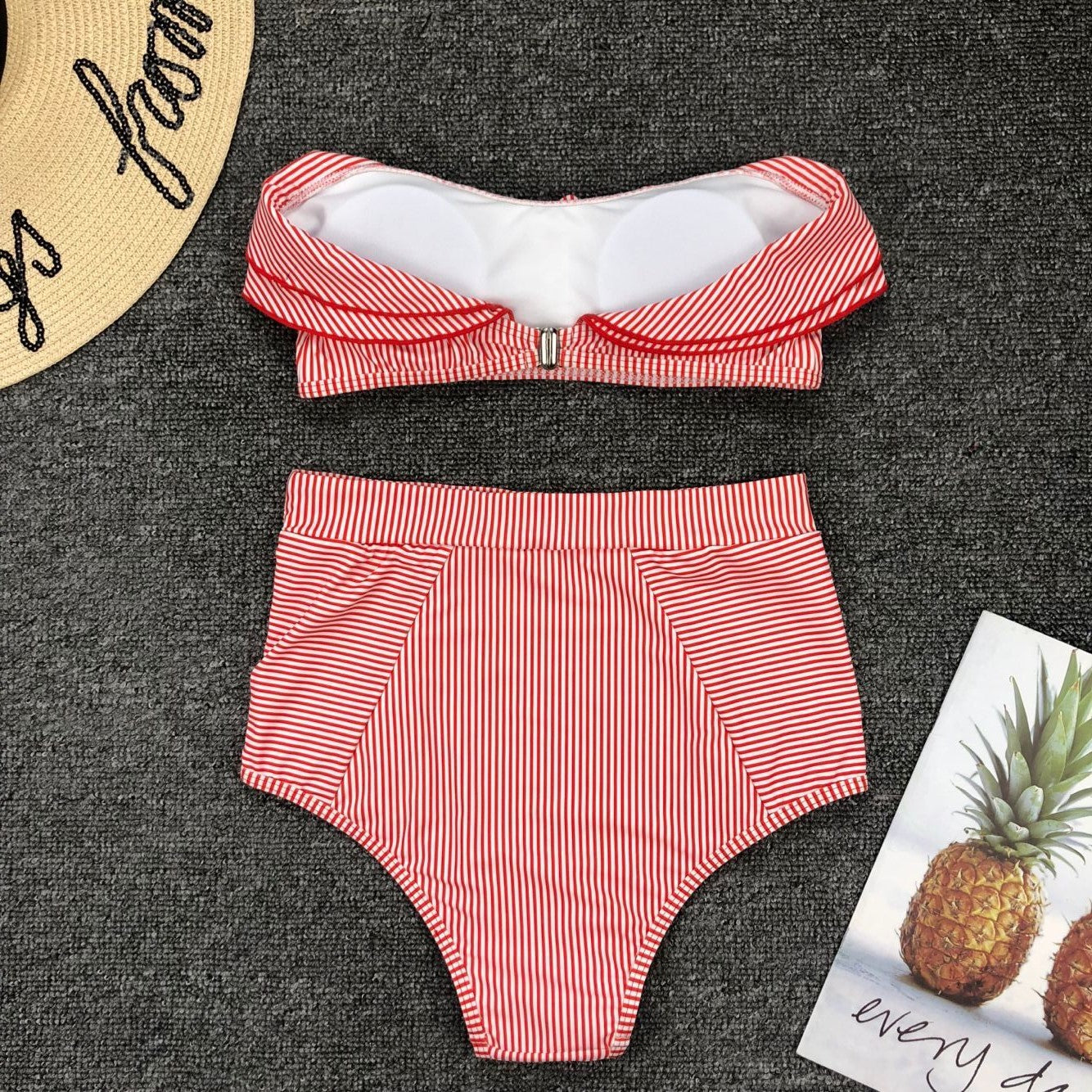 Women's Striped Ruffle High-Waist Bikini Set
