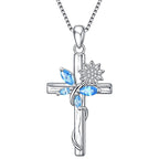 Blue Crystal Butterfly Sunflower Cross Pendant Necklace