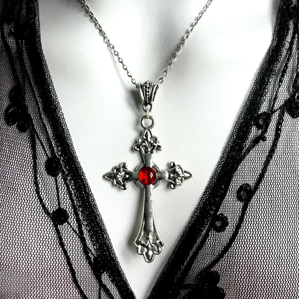Large Silver Baroque Christian Cross Necklace with Crystals | Christian Jewelry