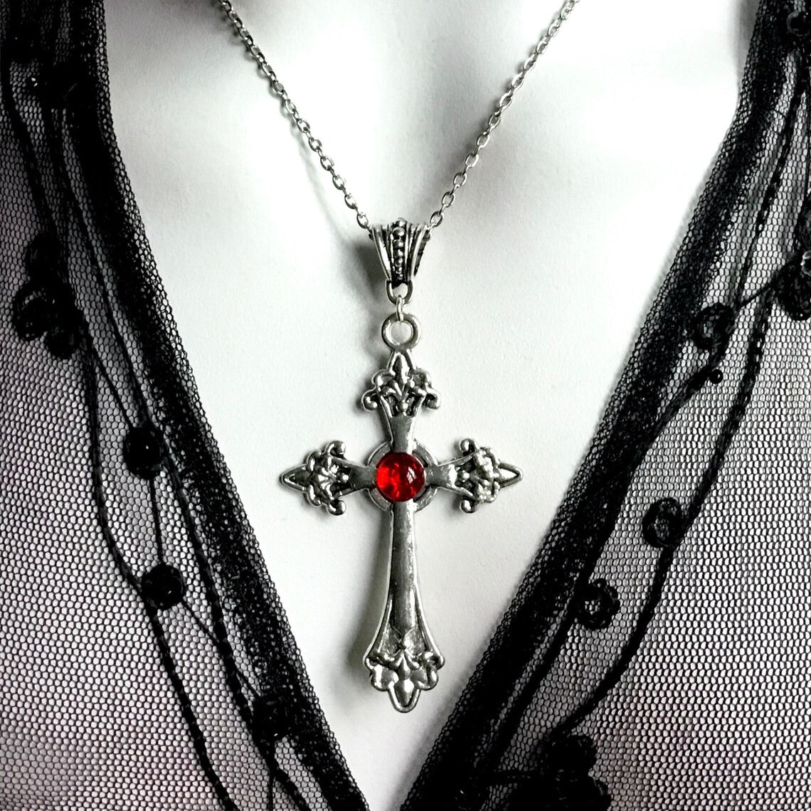 Large Silver Baroque Christian Cross Necklace with Crystals | Christian Jewelry