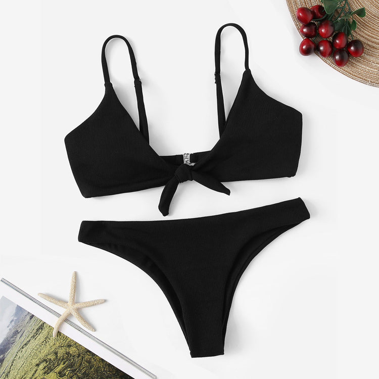 Ribbed Tie-Front Triangle Bikini Set