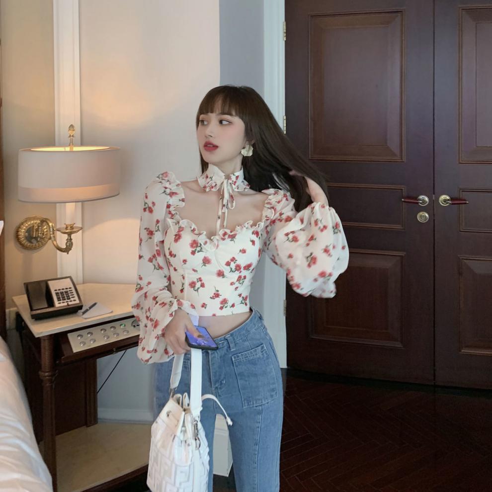 Women's Chiffon Printed Crop Top Long Sleeve Shirt