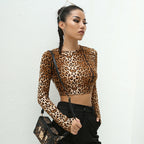 Leopard Print Long Sleeve Crop Top T-Shirt