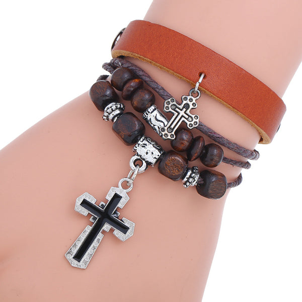 Leather Cross Bracelet with Beaded Design and Alloy Charm