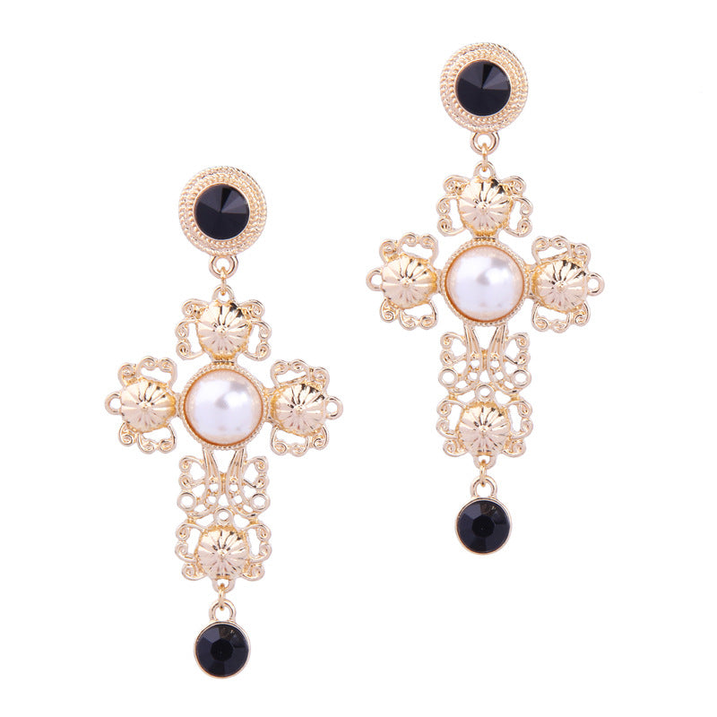 Vintage Baroque Pearl Cross Women's Earrings