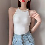 French Off Shoulder Slim Solid Tank Top for Women