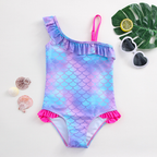 Girls' Mermaid Scale One-Shoulder Swimsuit with Floral Trim
