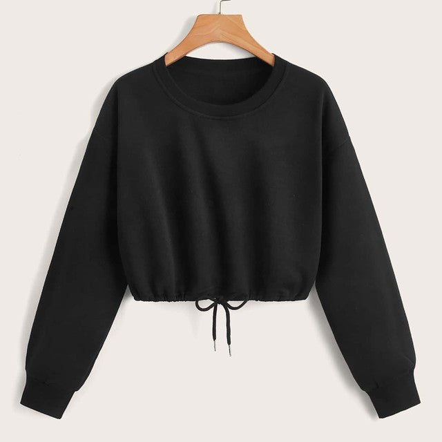 Trendy Women's Long Sleeve Crop Top with Drawstring Hem