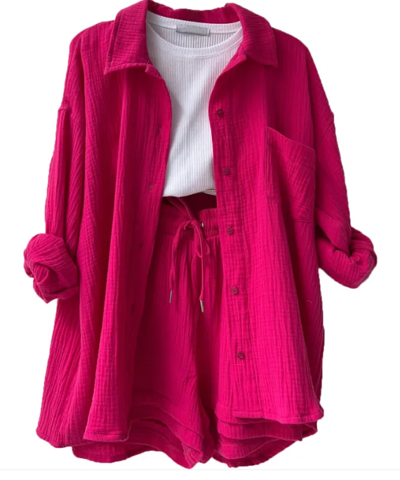 Women's Wrinkled Fabric Shirt & Shorts Set