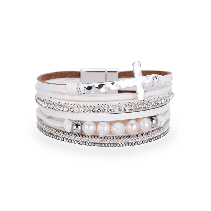 Bohemian Multi-layer PU Leather Cross Pearl Bracelet