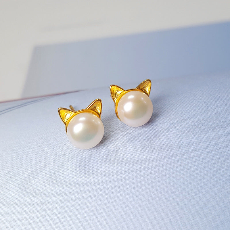 Silver Freshwater Pearl Cat Ears Earrings
