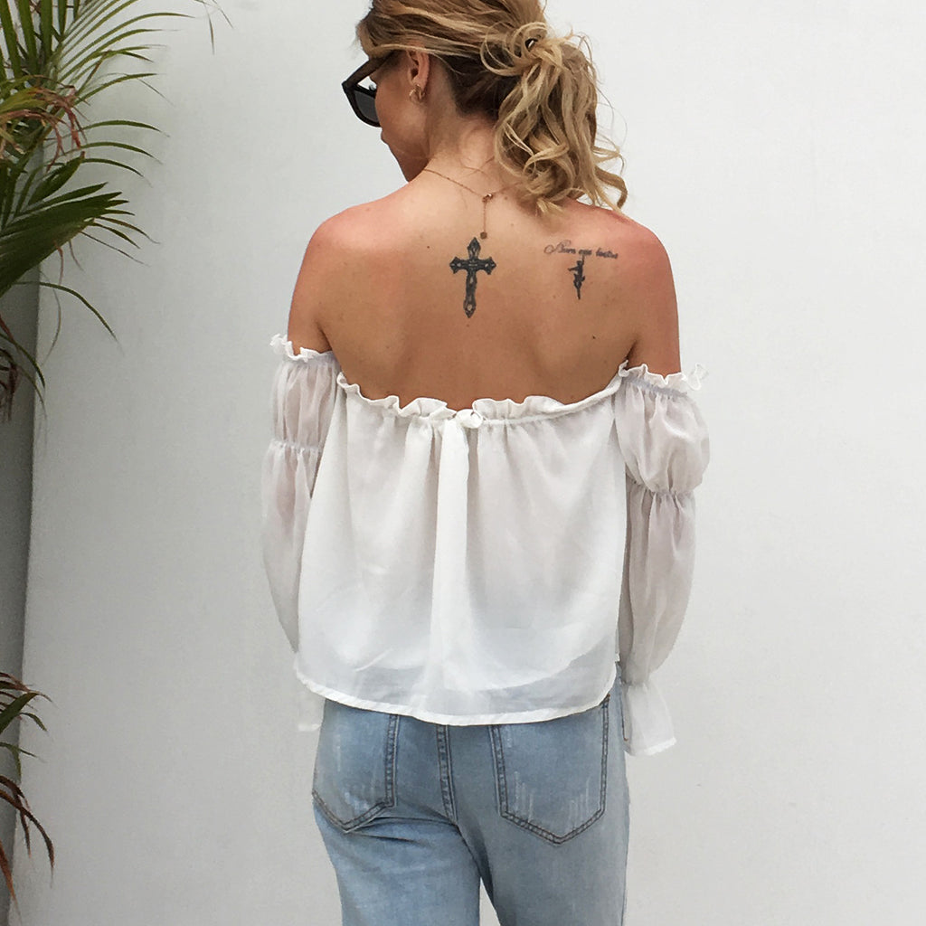 Women's White Off-Shoulder Ruffle Chiffon Cover-Up Top