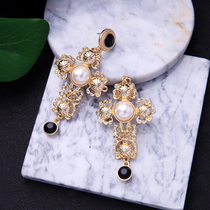 Vintage Baroque Pearl Cross Women's Earrings