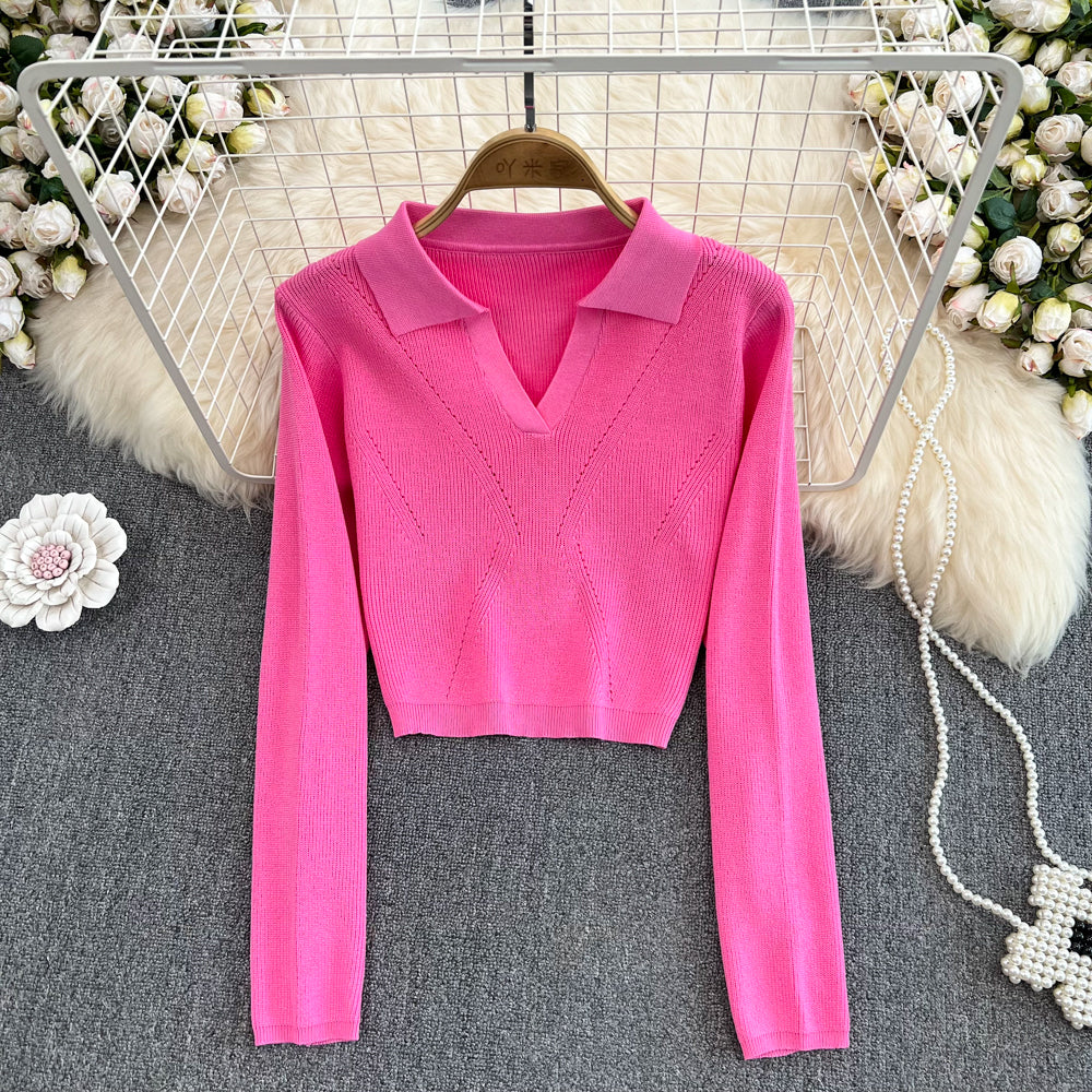 Slim Knitted Long Sleeve Turn Down Collar Crop Top