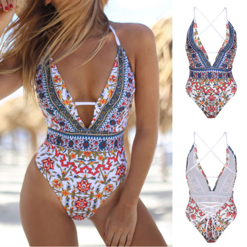 Boho Floral Deep-V One-Piece Swimsuit