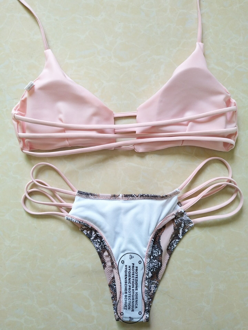 Women's Pink Snake Print Strappy Bikini Set