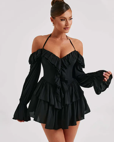 Women's Ruffled Long-sleeved One-piece Shorts