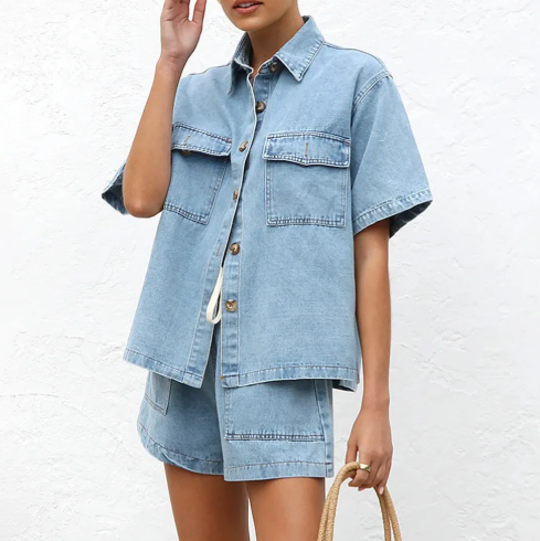 Women's Casual Denim Shirt & Shorts Set