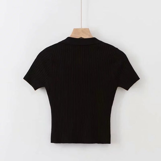 V-Neck Solid Color Short Sleeve Knit Crop Top