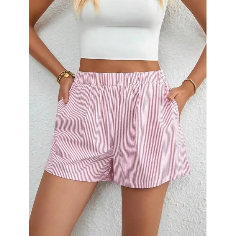 Fashion Women's Loose Back Patch Pocket Striped Shorts