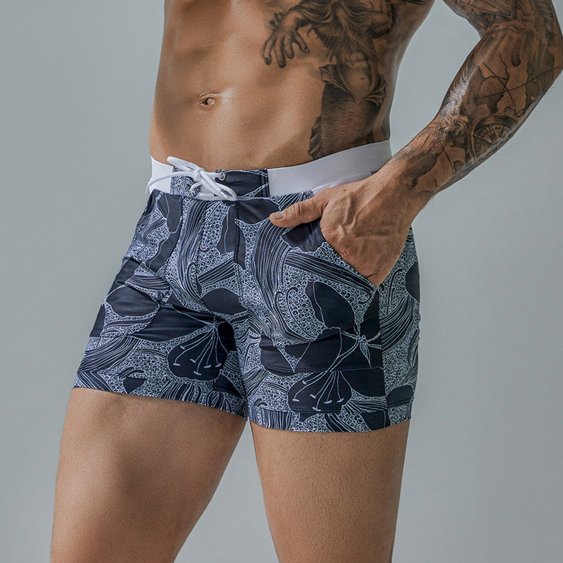Men's Floral Print Drawstring Swim Trunks