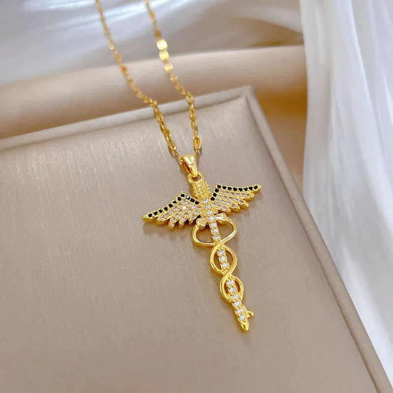 Rotating Dragonfly Snake Stick Angel Wings Necklace | Jewelry