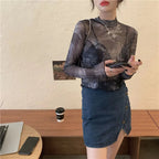 Korean Y2K Women's Tie-Dye Mesh Long Sleeve Crop Top