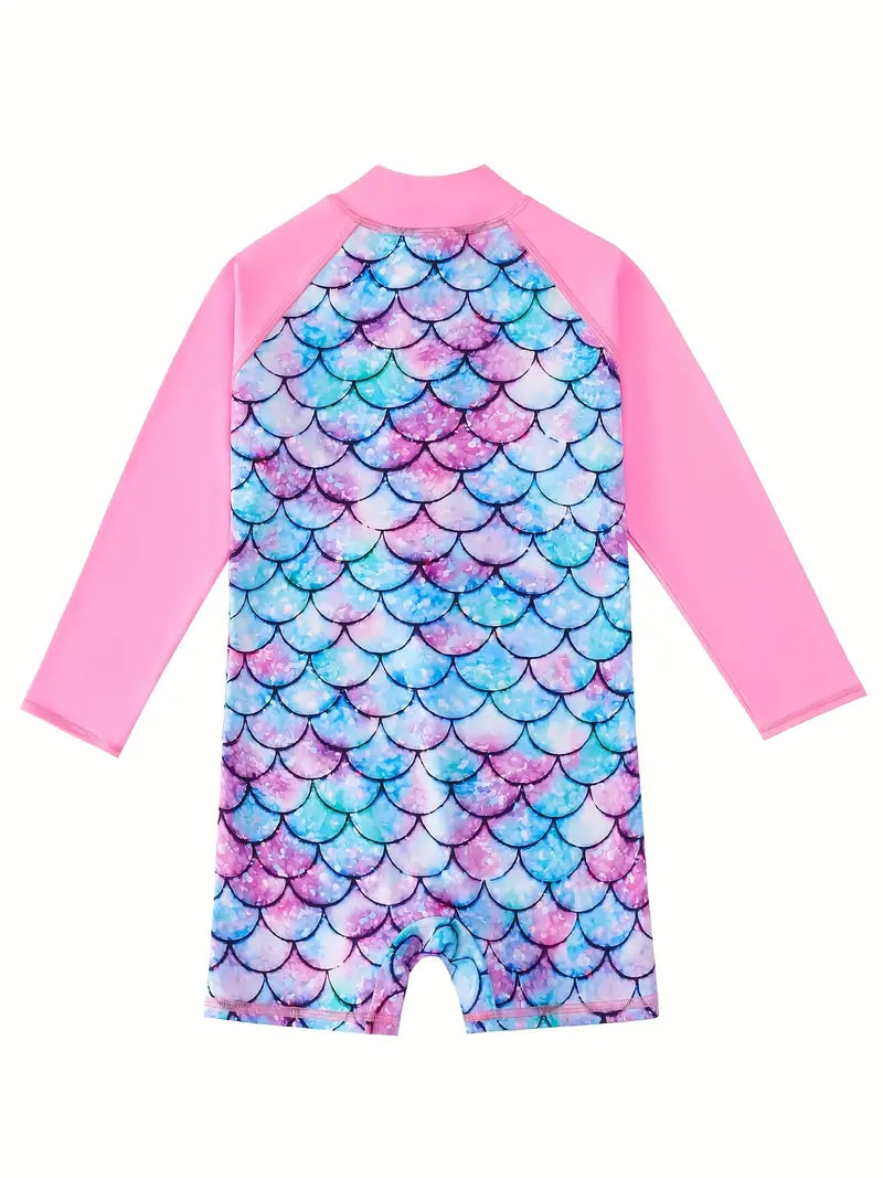 Girls Mermaid Scale Long-Sleeve Rash Guard Swimsuit