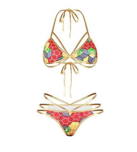 Geometric Print Strappy Triangle Bikini Set