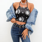 Crop Top with Star & Moon Print and Sun God Design