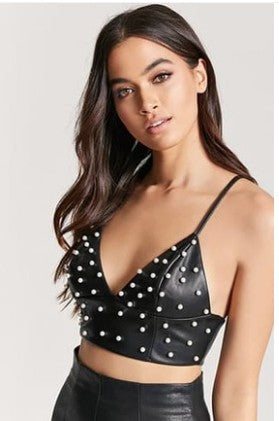 V-Neck Cropped Beaded Faux Leather Tank Top for Women