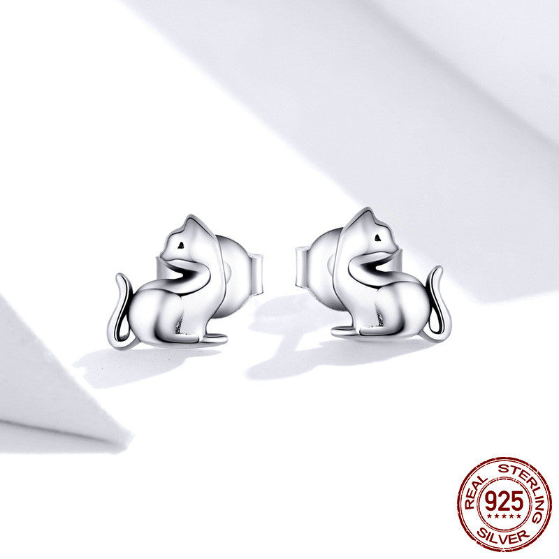 Fashionable Silver Playful Cat Stud Earrings